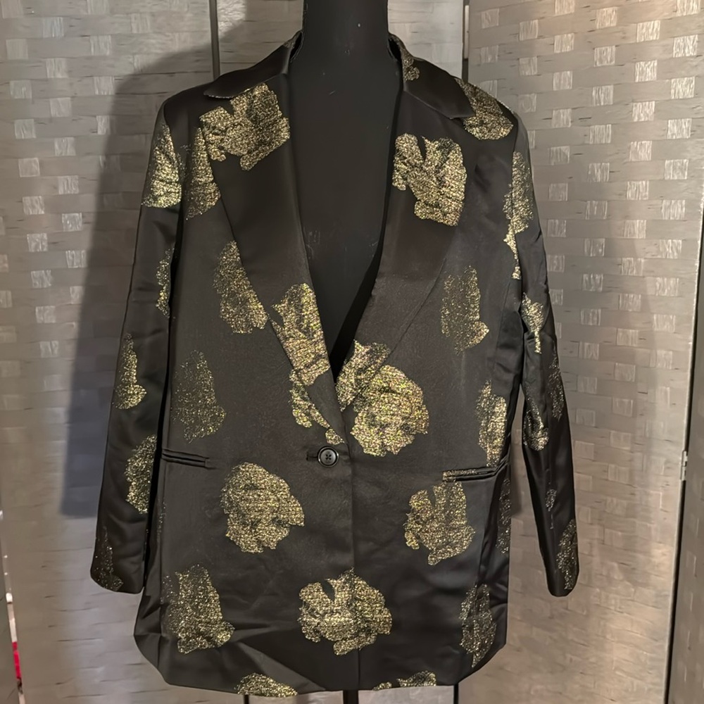 Black Satin Blazer with Metallic Gold Detailing Sz 18